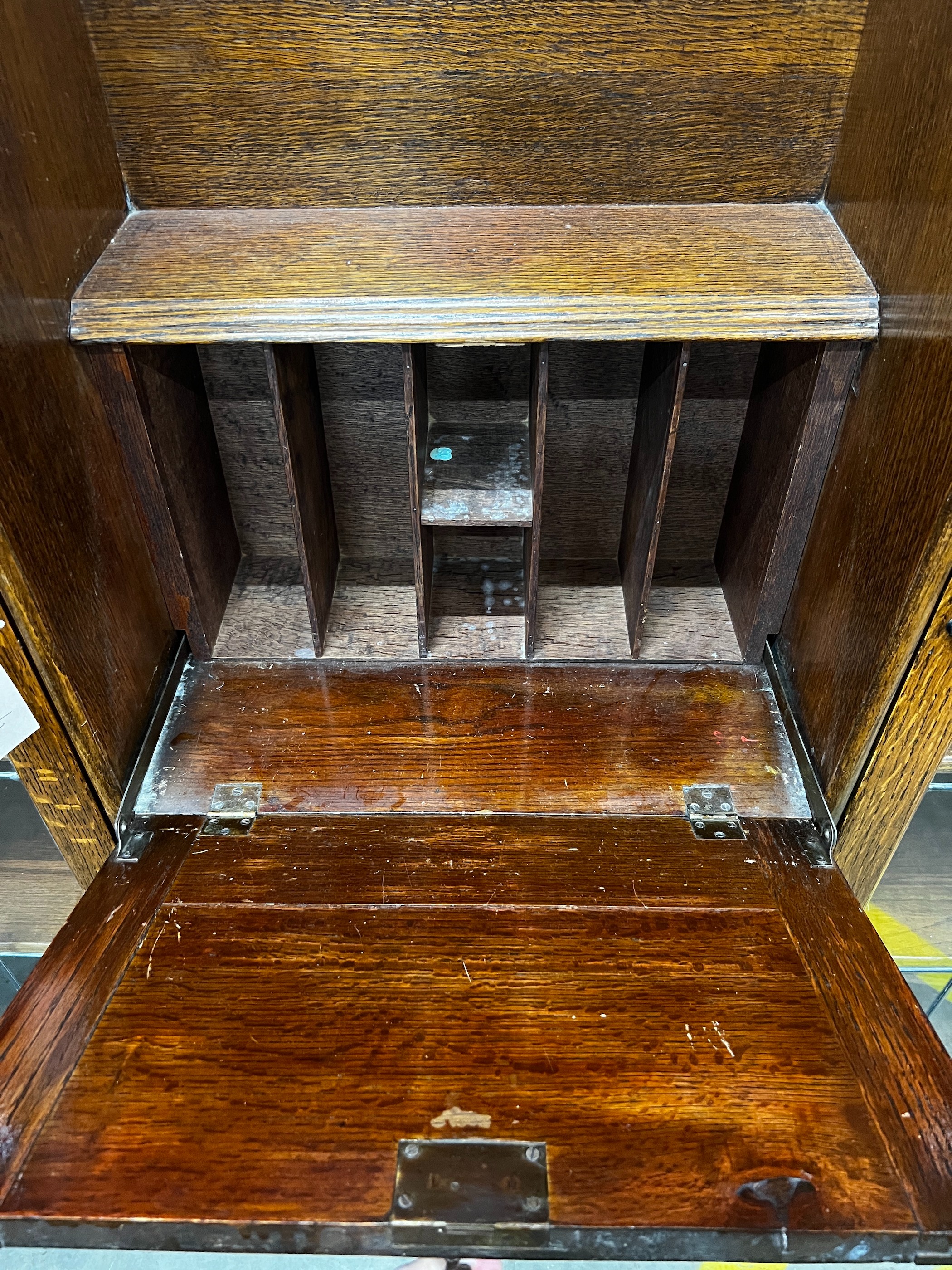 An early 20th century oak bureau bookcase, length 120cm, depth 28cm, height 154cm